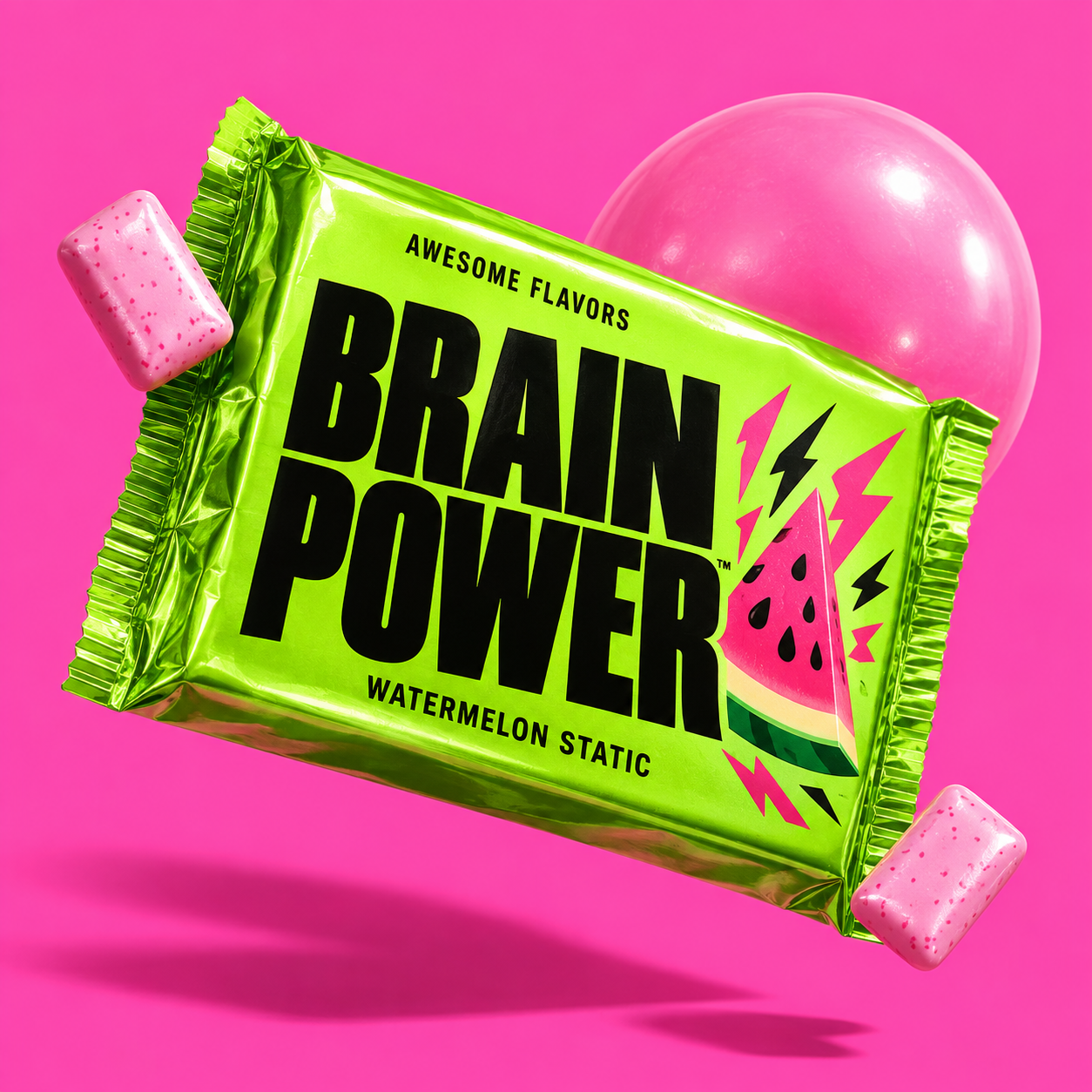 A lime-green BrainPower Watermelon Static gum pack floating beside pink bubble gum